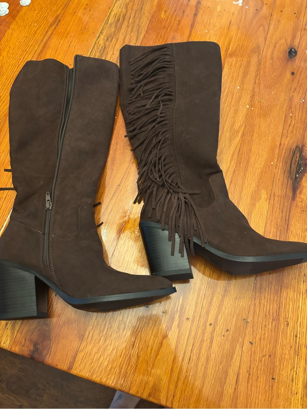 Time and Tru Brown Suede Fringe Knee-High Block Heel Boots